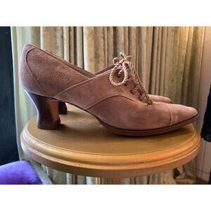 vintage 1980s tan suede granny shoes victorian louis heel lace up saks fifth 8